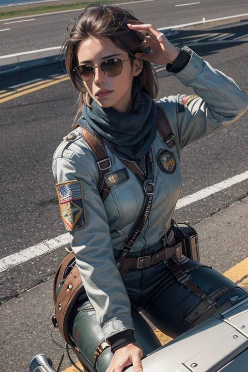 (RAW photo, best quality), (realistic, photo-realistic:1.5), best quality, highly detailed, masterpiece, ultra-detailed, illustration, 1 man, upper body, dynamic angle, aviation museum exhibit, fighter jet cockpit, detailed facial features, serious expression, sunglasses, helmet, scarf, flight suit, belts and buckles, straps, aircraft harness, gloves, boots, mission patch, wing insignia, realistic textures, engine noises, wings at the ready, sun glinting off the plane, asphalt runway, concrete barriers, waiting for the order to scramble, intense focus, hand on the throttle