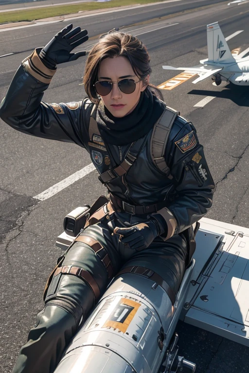 (RAW photo, best quality), (realistic, photo-realistic:1.5), best quality, highly detailed, masterpiece, ultra-detailed, illustration, 1 man, upper body, dynamic angle, aviation museum exhibit, fighter jet cockpit, detailed facial features, serious expression, sunglasses, helmet, scarf, flight suit, belts and buckles, straps, aircraft harness, gloves, boots, mission patch, wing insignia, realistic textures, engine noises, wings at the ready, sun glinting off the plane, asphalt runway, concrete barriers, waiting for the order to scramble, intense focus, hand on the throttle