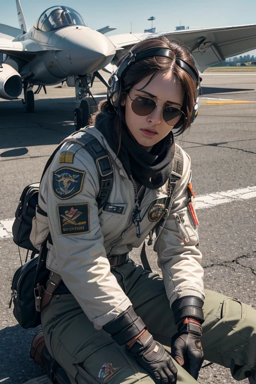 (RAW photo, best quality), (realistic, photo-realistic:1.5), best quality, highly detailed, masterpiece, ultra-detailed, illustration, 1 man, upper body, dynamic angle, aviation museum exhibit, fighter jet cockpit, detailed facial features, serious expression, sunglasses, helmet, scarf, flight suit, belts and buckles, straps, aircraft harness, gloves, boots, mission patch, wing insignia, realistic textures, engine noises, wings at the ready, sun glinting off the plane, asphalt runway, concrete barriers, waiting for the order to scramble, intense focus, hand on the throttle