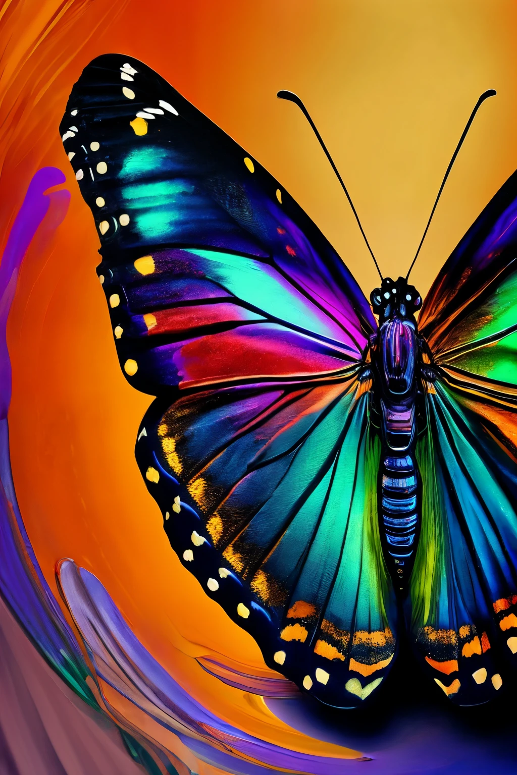 A captivating image of a ((butterfly)), its wings intricately designed with Ultra High Definition, vibrant color splash art, leaning towards a flower against a Black Background. Its Hyperdetailed Eyes, large and expressive, glisten with a dreamy, glowing quality. The Tee-Shirt Design below features Line Art of the butterfly, creating an artistic contrast with the surrounding Ultra Detailed, intricate image. A subtle Splatter of liquid melting paint adds to the Ominous, yet glamourous, atmosphere. The background is a smooth, Ultra High Definition, oil on canvas rendering of a serene landscape, with a golden ratio composition to balance the