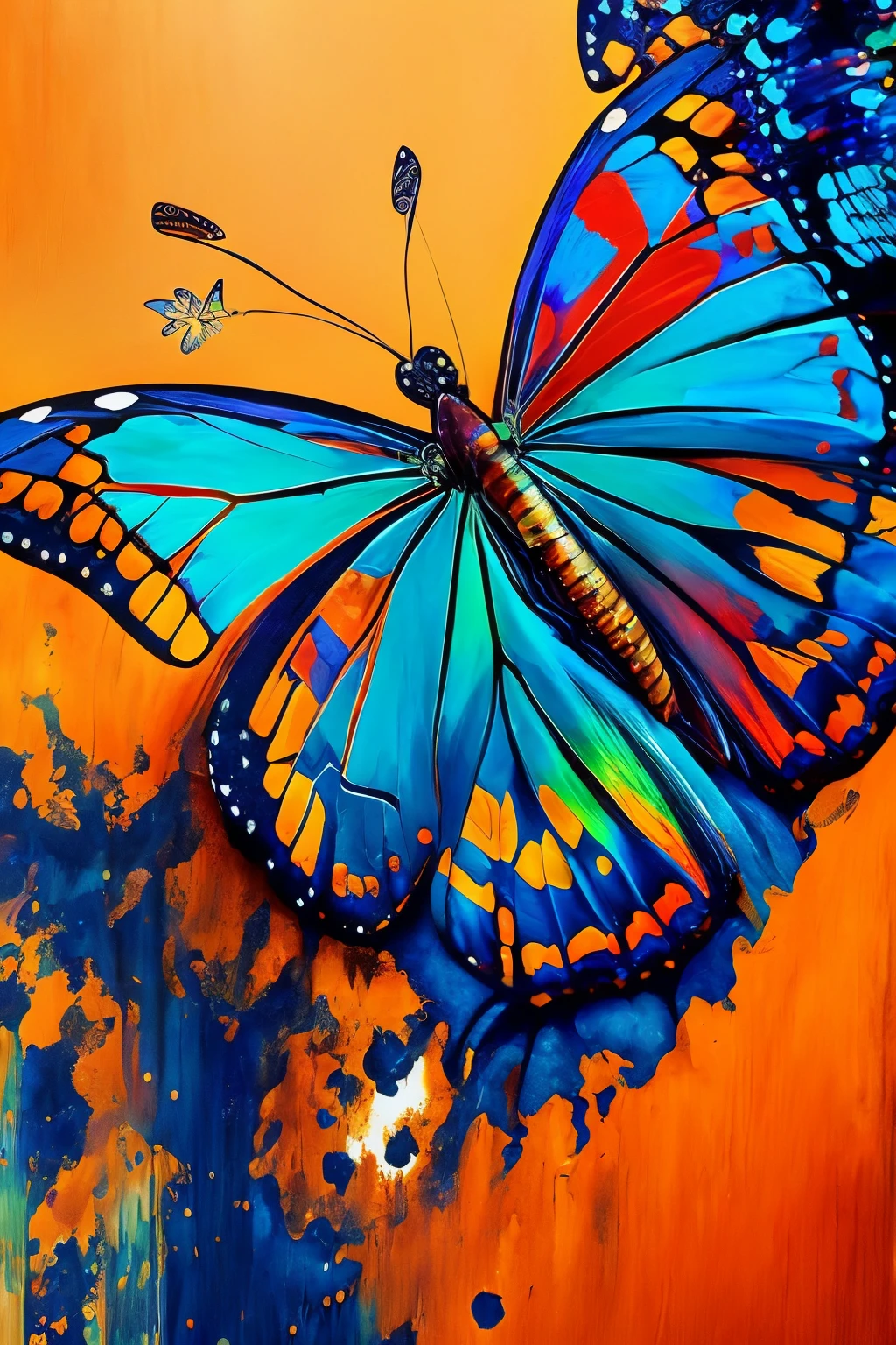 A captivating image of a ((butterfly)), its wings intricately designed with Ultra High Definition, vibrant color splash art, leaning towards a flower against a Black Background. Its Hyperdetailed Eyes, large and expressive, glisten with a dreamy, glowing quality. The Tee-Shirt Design below features Line Art of the butterfly, creating an artistic contrast with the surrounding Ultra Detailed, intricate image. A subtle Splatter of liquid melting paint adds to the Ominous, yet glamourous, atmosphere. The background is a smooth, Ultra High Definition, oil on canvas rendering of a serene landscape, with a golden ratio composition to balance the