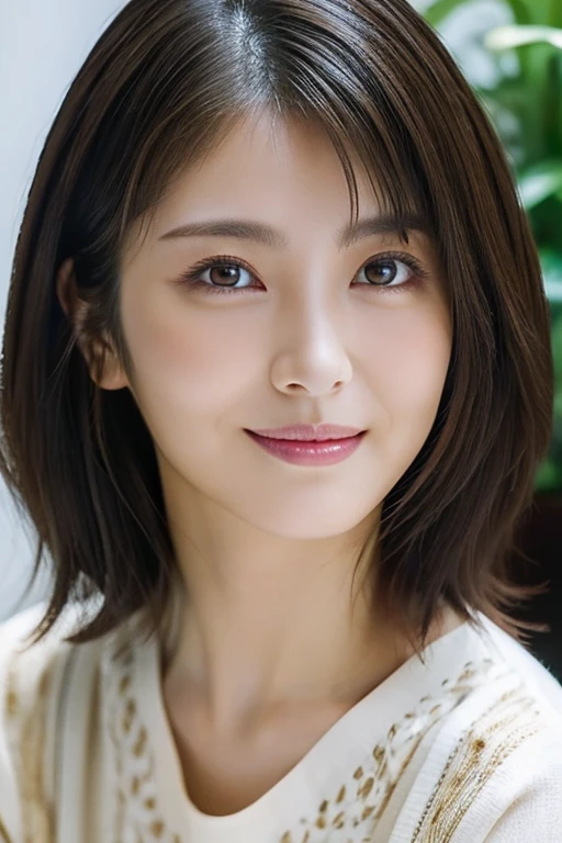 (RAW photo), (Photoreal), (masterpiece), (highest quality), High resolution, 8K, (intricate details), (light with volume), woman, 30 years old, short hair, layered hair, straight hair , very fine eyes, Source Order, Very fine skin, Very fine mouth, Very fine nose, cute like an idol, smile, (thick lips), looking at the camera