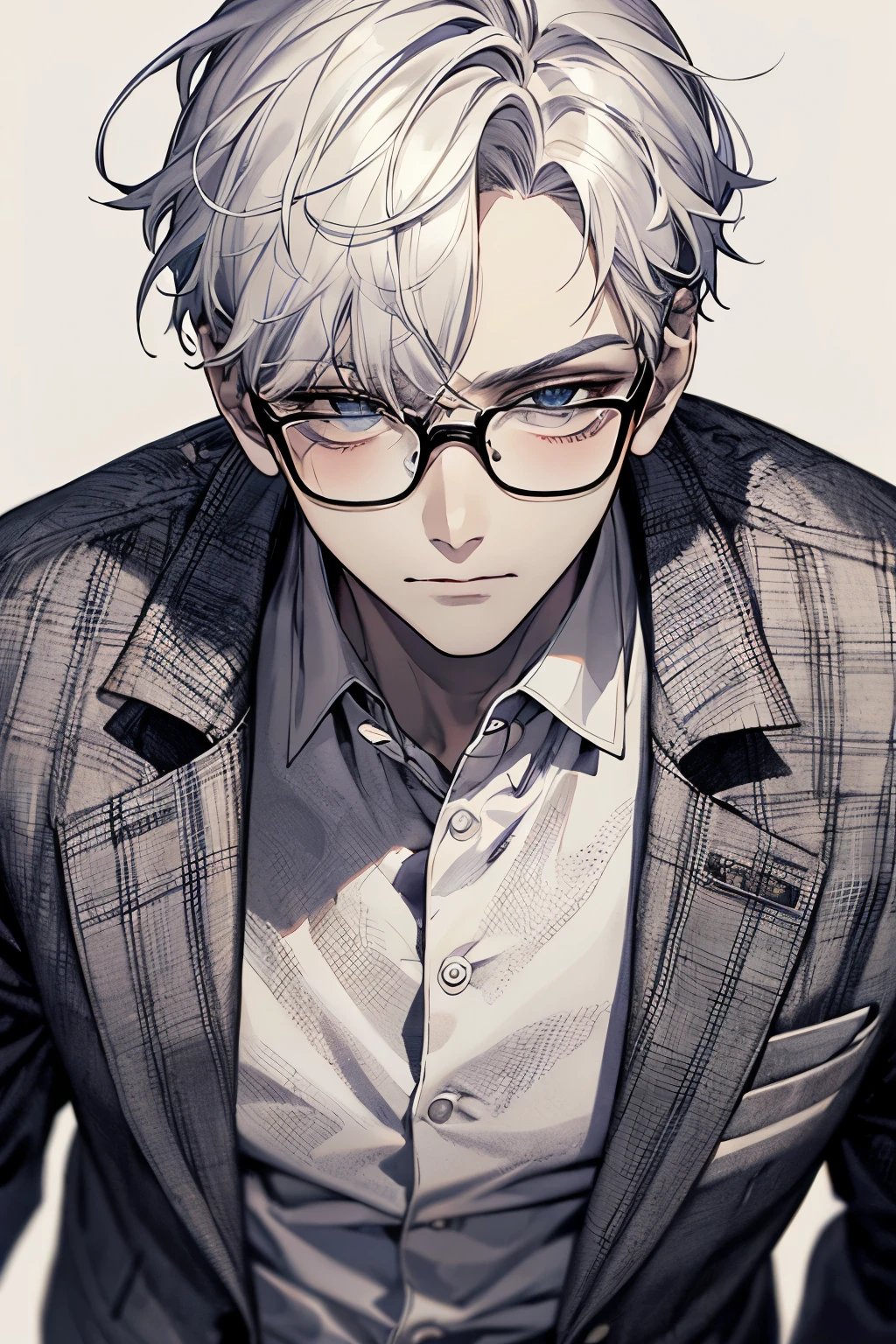 1st son,head portrait,iwhite color hair,face focus,adult,menswear,jacket,white shirt,tic,pants,best quality,face detailing,white background, glasses