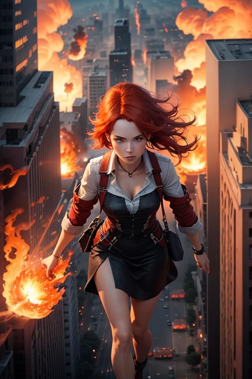 woman Red hair shortcut Flames from the hands Floating in the sky group of buildings perspective from above