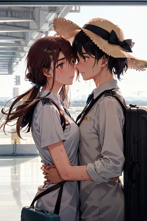 Masterpiece, two lovers, anticipating, white ensemble outfits, sunhats in hand, waiting near the airport departure gate, best quality, realistic, ultra-detailed, (sweat gleams on their brows: 1.4), hearts full of longing, staring into each other's eyes, bronzed complexions, wavy chestnut hair, deep brown eyes, slender frames, harmonious lighting, vibrant and soft focus, hints of happiness and excitement, depth of field, soulfully capturing their connection, (close embrace: 1.6), carry-on luggage beside them, planes flying overhead, refined airport ambiance, morning sunlight, lush greenery and