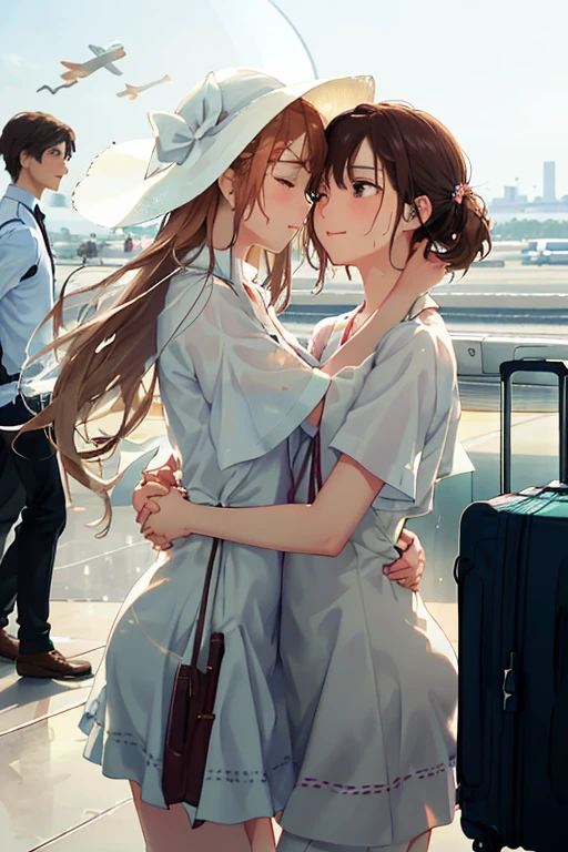 Masterpiece, two lovers, anticipating, white ensemble outfits, sunhats in hand, waiting near the airport departure gate, best quality, realistic, ultra-detailed, (sweat gleams on their brows: 1.4), hearts full of longing, staring into each other's eyes, bronzed complexions, wavy chestnut hair, deep brown eyes, slender frames, harmonious lighting, vibrant and soft focus, hints of happiness and excitement, depth of field, soulfully capturing their connection, (close embrace: 1.6), carry-on luggage beside them, planes flying overhead, refined airport ambiance, morning sunlight, lush greenery and