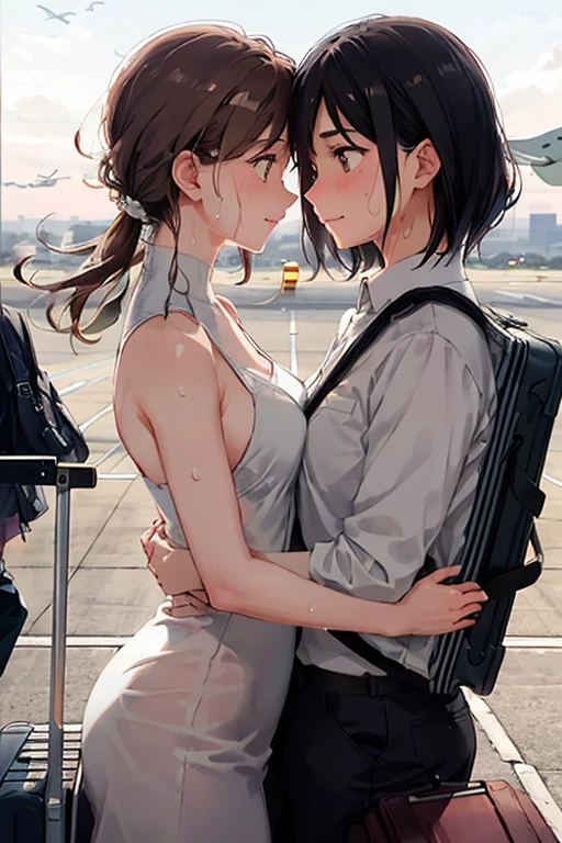 2girl, short ponytails,beautiful girl,15 years old,,highschool student,akb48,nogizaka46,nipple,(small breasts:1.3),(skinny:1.3),2girl,((multiple girls)), black hair, light smile,student bag,(carrying a backpack:1,0), bangs, , pov, standing, black eyes, mole, masterpiece, best quality, ultra quality, high quality, realistic, photo realistic, RAW photo, hyper detailed, intricate detailed, train station, train,upperbody,(fullnude:1.7),pussy,