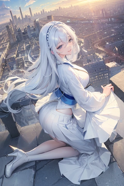 official art, masterpiece, sharp focus, (Beautiful gorgeous lovely Korean women:1.3), (beautiful and cute korean:1.3), Korean beauty, exquisite beautiful hair、eyes and face, actual, Super detailed, beautiful girl, blue sky, Luminous white particles, (side light:1.2), sunshine, Baiyun, Detailed cloud, thin and long, Lovely big breasts and big butt, smile with teeth, ((smile with eyes, open your eyes)), landscape, long, straight hair, sexy facial expression, architecture, (city View:1.7), dynamic hair, long, straight hair, Delicate white hair, Glowing blue eyes, (blue pleated shirt + white skirt), white stockings, pale skin, hair accessories, epic landscape,Nice butt，Beautiful buttocks ，white high heels，The skirt was lifted