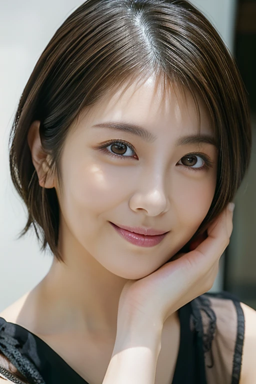 (RAW photo), (Photoreal), (masterpiece), (highest quality), High resolution, 8K, (intricate details), (light with volume), woman, 30 years old, short hair, layered hair, straight hair , very fine eyes, Source Order, Very fine skin, Very fine mouth, Very fine nose, cute like an idol, smile, (thick lips), looking at the camera
