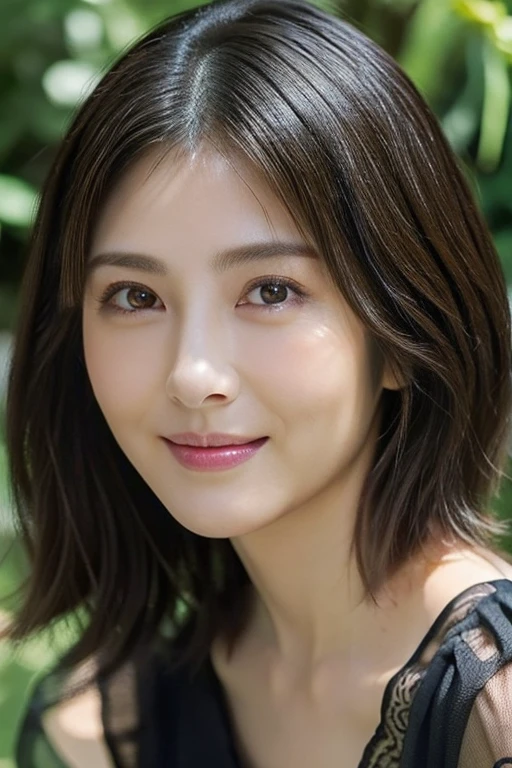 (RAW photo), (Photoreal), (masterpiece), (highest quality), High resolution, 8K, (intricate details), (light with volume), woman, 30 years old, short hair, layered hair, straight hair , very fine eyes, Source Order, Very fine skin, Very fine mouth, Very fine nose, cute like an idol, smile, (thick lips), looking at the camera