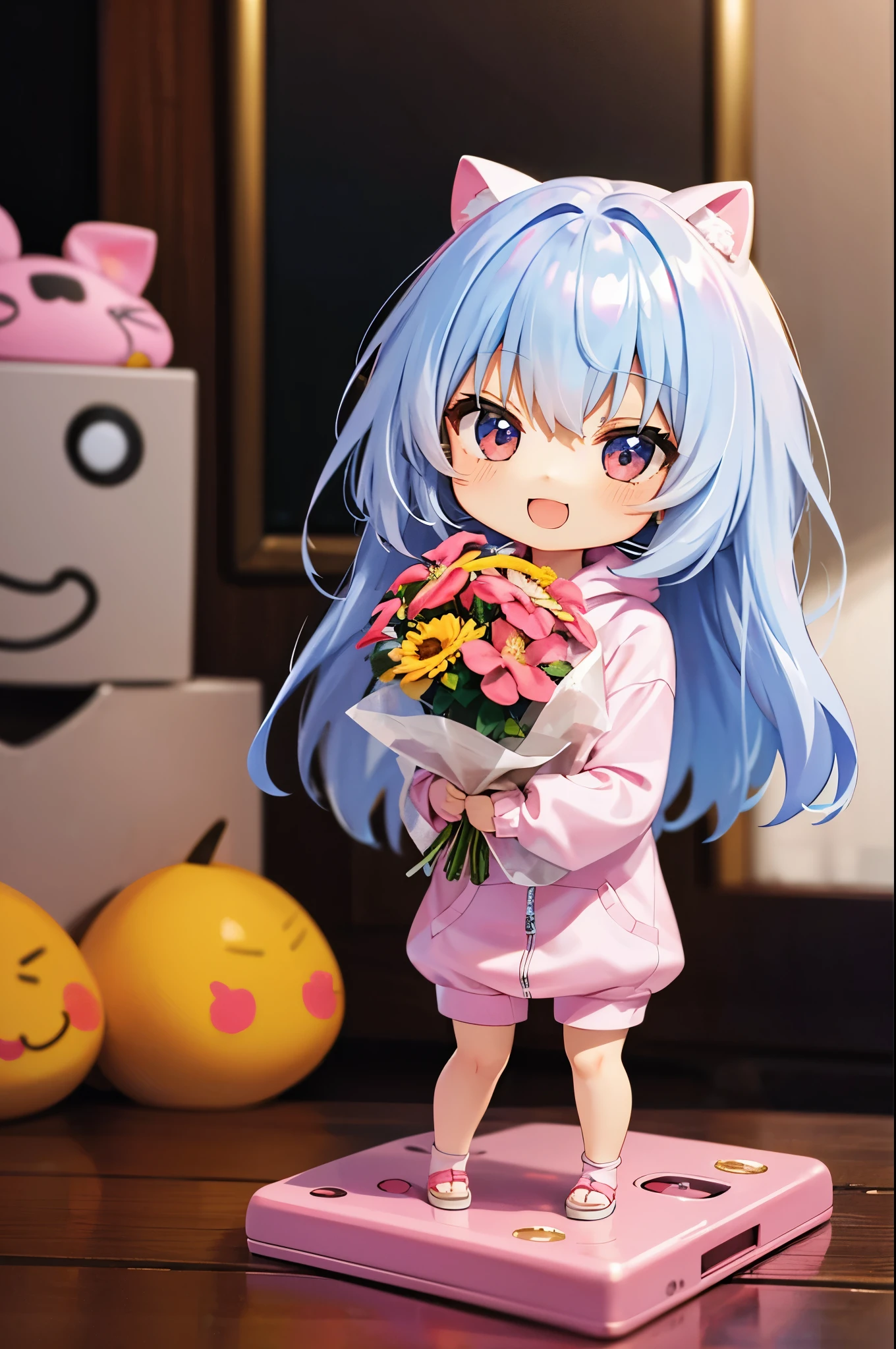 (Chibi:1.3), happy, (holding a bouquet), full body, (Kigurumi), indoors, on the table, (Nendoroid:1.1),