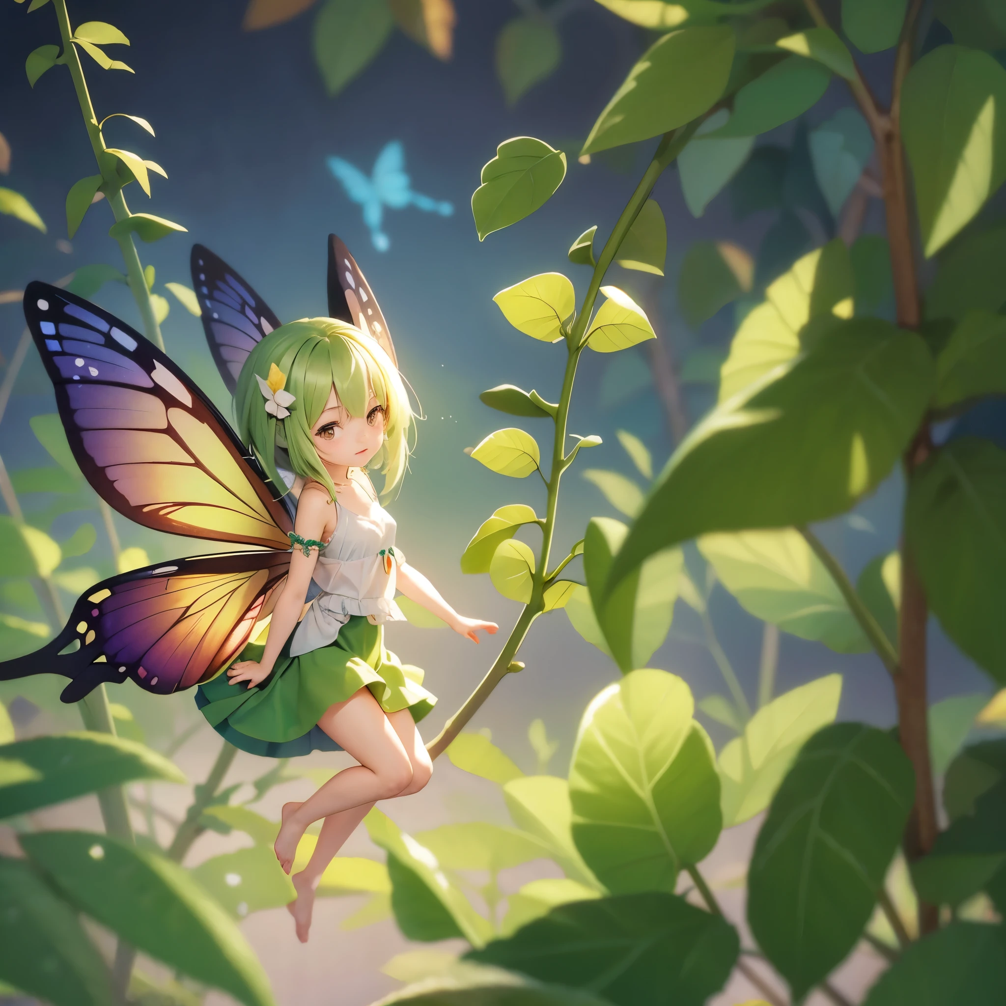 sweet dainty fairy that looks like a grasshopper sleeping in a dewy pea pod, all tucked in for slumber, wearing a green leaf skirt and top, butterflies hover above as if in a dream,