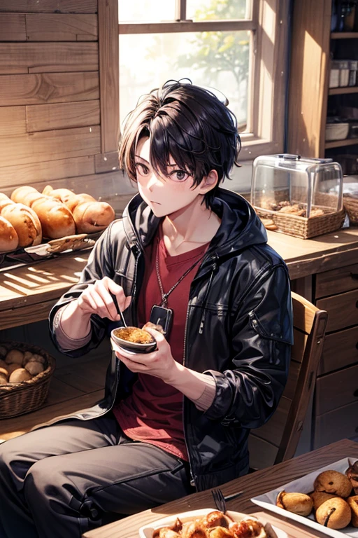 a handsome guy、20代の男性、Winter clothes、black short hair、black eye、long sleeve、Shiitake cultivation、mushroom cultivation、High resolution、In 8K、sharp focus、zoom、with the best image quality、highest quality