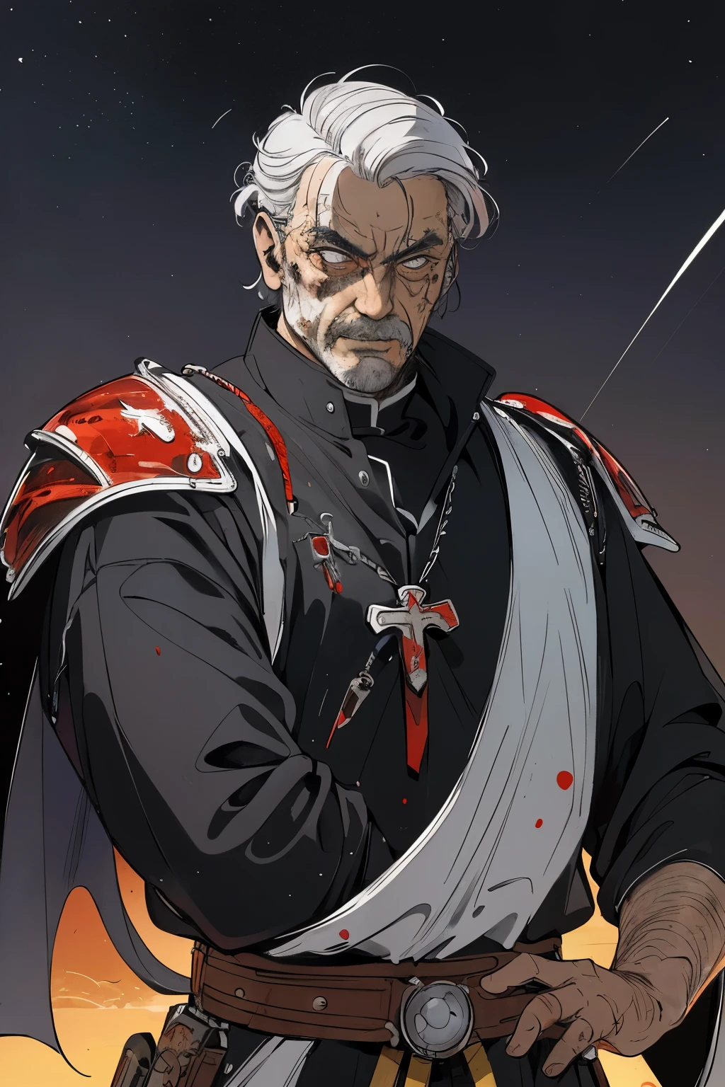 masterpiece:1.2, best quality, ultra detailed, absurdres, 1man,male_focused, masculine, rugged (old male) ,blood splatter, (action shot), portrait, badass priest, priest_attire, father, robe, gray_hair, in the style of  Kentaro Miura, fantasy, SCI-FI, night sky,