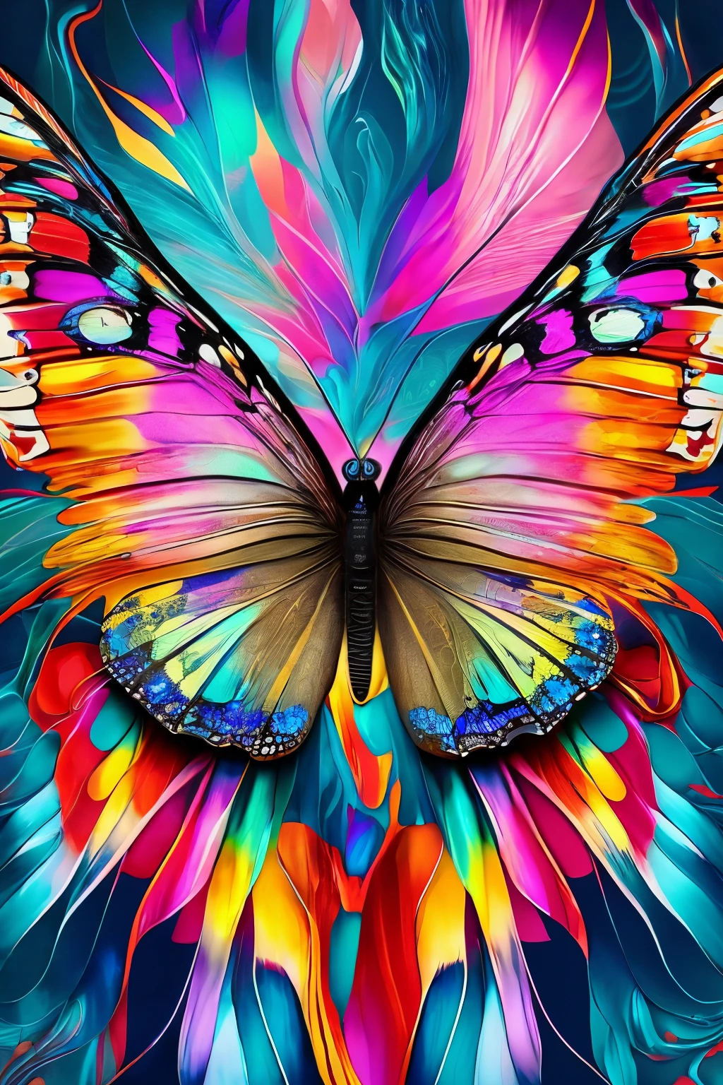 A beautiful and ethereal butterfly, with Hyperdetailed Eyes that shimmer and gleam with iridescent colors, perched delicately on a Tee-Shirt Design adorned with intricate Line Art. The background is a perfect Black canvas, contrasting the Ultra Detailed Artistic depiction of the butterfly's body and wings.
The Detailed Gorgeous Face of the butterfly is rendered in Natural Skin tones, with a mesmerizing Water Splash effect, and a Color Splash Art technique used to accentuate the vibrant hues of its wings. The Fire and Ice theme comes to life with Splatter effects which add a dream