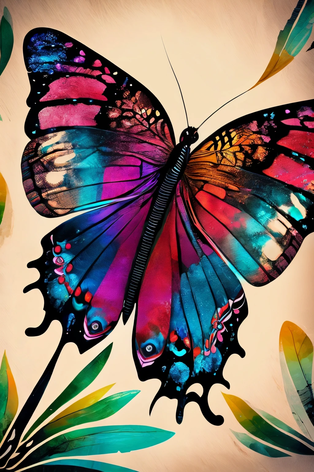 A beautiful and ethereal butterfly, with Hyperdetailed Eyes that shimmer and gleam with iridescent colors, perched delicately on a Tee-Shirt Design adorned with intricate Line Art. The background is a perfect Black canvas, contrasting the Ultra Detailed Artistic depiction of the butterfly's body and wings.

The Detailed Gorgeous Face of the butterfly is rendered in Natural Skin tones, with a mesmerizing Water Splash effect, and a Color Splash Art technique used to accentuate the vibrant hues of its wings. The Fire and Ice theme comes to life with Splatter effects which add a dream