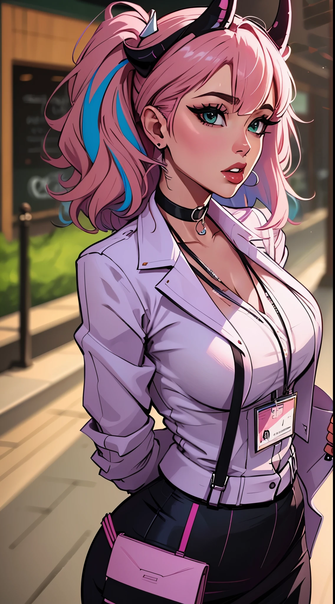 ((Masterpiece, Best)), (1girl), ((Trendy Girl)), Light Pink Hair, black girl, Horn, ((Office Lady)), Bangs, Mid-breasted, (Plump), Slim, Colorful Hair Color, Trendy Clothing, Street Culture