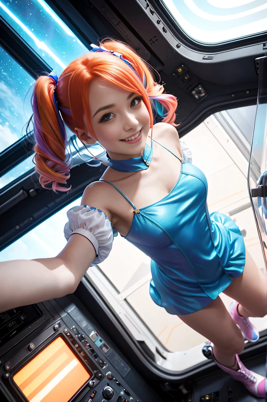 (overhead view) Cute redhead with rainbow colored hair tips, ribbons in her hair, 18-year-old woman, happy, smiling, in twin tails, perfect eyes, clear sparkling blue eyes, pale skin, silky smooth white skin, alabaster skin, flying a fancy metal luxurious space ship, futuristic cockpit, she's a pilot, outer space seen in windows, dark warm lighting, wearing a futuristic dress, low cut top, pleated (chemise) mini dress (pastel rainbow colors, and polka dots), puffy sleeves silk, wearing colorful leggings/tights.