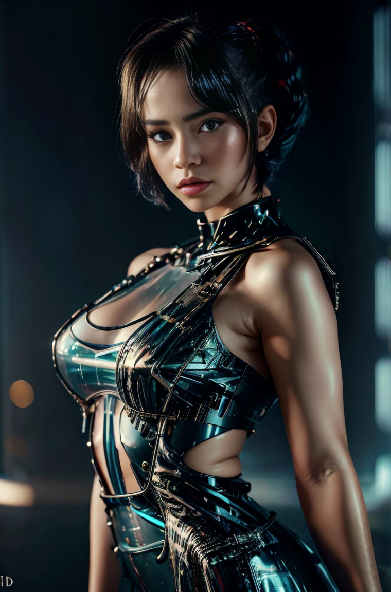 Beautiful girl in cyberpunk scene with medium breasts, medium-bob hair, (see-through, lower breasts), visible from dress, portrait, upper-body, 
