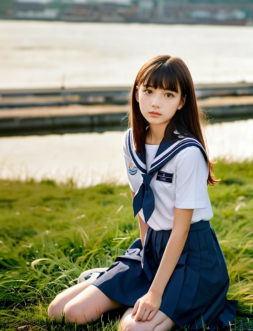 grass、beautiful girl、Cute School Uniform、navy blue sailor uniform、15 year old student、Wistful expression、With bangs、black haired、((Long skirt to hide the knees))、((Navy long skirt))、evening、Wind、thin legs、Are standing、short bob、