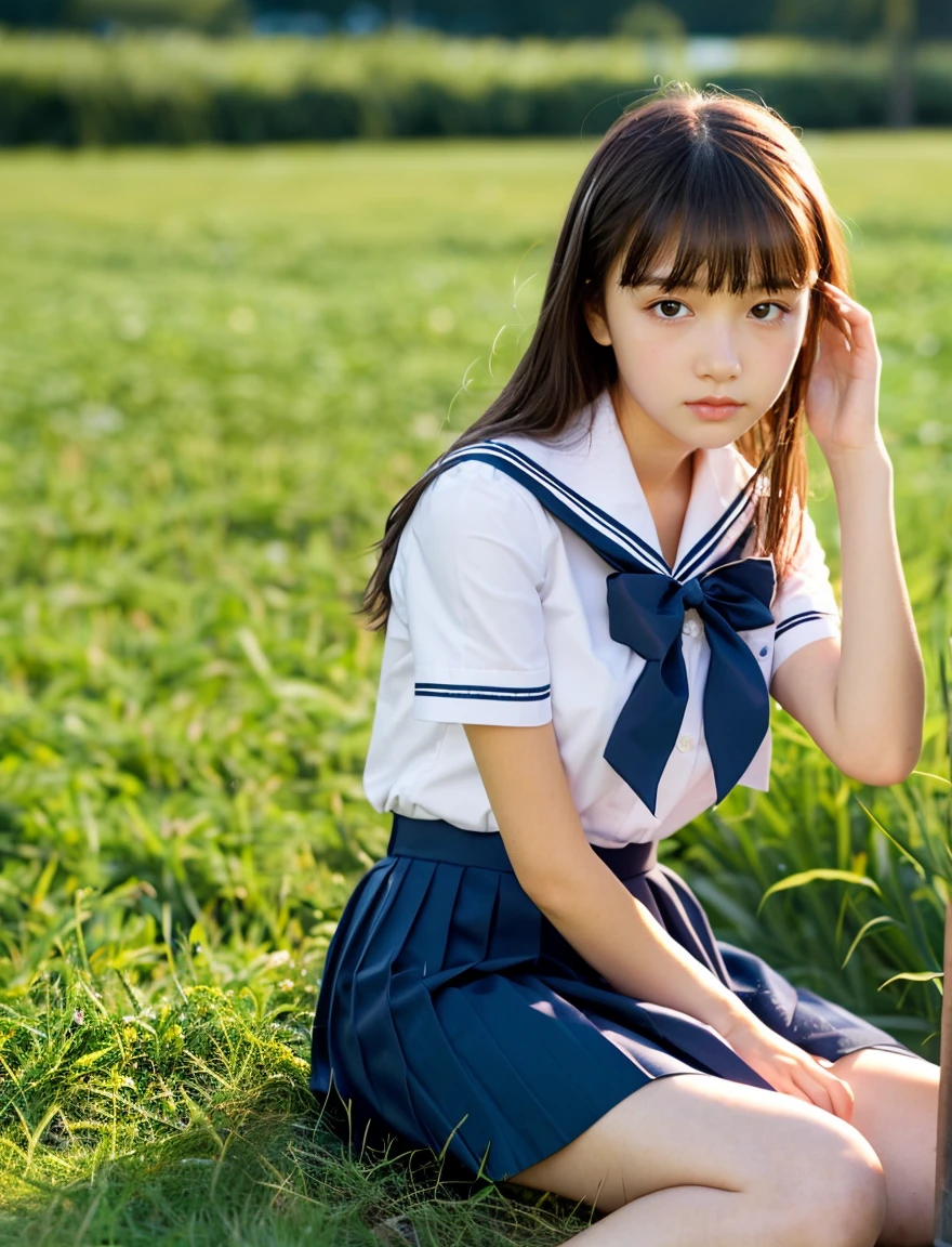 grass、beautiful girl、Cute School Uniform、navy blue sailor uniform、15 year old student、Wistful expression、With bangs、black haired、((Long skirt to hide the knees))、((Navy long skirt))、evening、Wind、thin legs、Are standing、short bob、