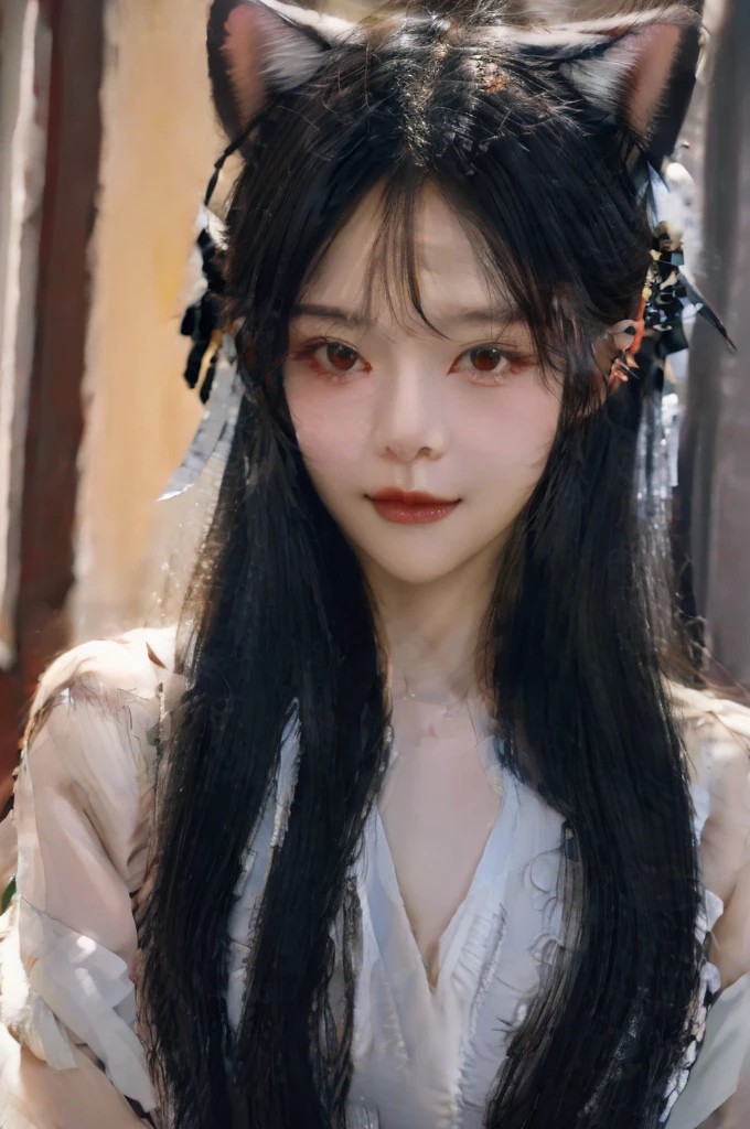 black hair, longeyelashes, solid circle eyes, light smile, ear blush, hair between eyes, ribbon, hairclip, hair ornament, hair ribbon, color contact lenses, cat ears, tsundere, full-face blush, Surrealism, drop shadow, anaglyph, stereogram, tachi-e, pov, atmospheric perspective, rococo style, Gothic art, Verism, Luminism, high detail, cinematic lighting, 8k, super detail, ccurate, best quality, highres, best quality, 4K, high details, textured skin, UHD, high quality, masterpiece