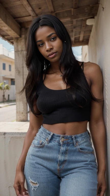 Young black girl, Wearing a white tank top with a large neckline and jeans, Sentada em um banco, ebony skin, corpo fitness, bela garota,  Slim body, tall girl , sfw Gigantic curly hair, Sfw seios gigantescos:1.5, face delicada,  long hair, ebano skin, caminhando,