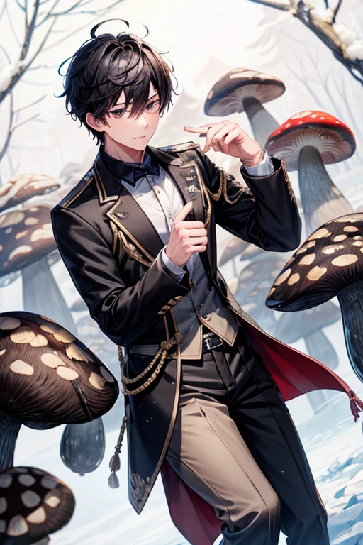 a handsome guy、20代の男性、Winter clothes、black short hair、black eye、long sleeve、Shiitake、mushroom cultivation、High resolution、In 8K、sharp focus、zoom、with the best image quality、highest quality