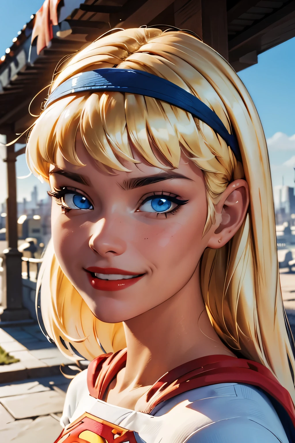 supes, blonde hair, blue eyes, crop top, midriff,cape headband, red lips, looking at viewer, smiling,  close up portrait, 
outside, blue sky,  extreme detail, hdr, beautiful quality, 