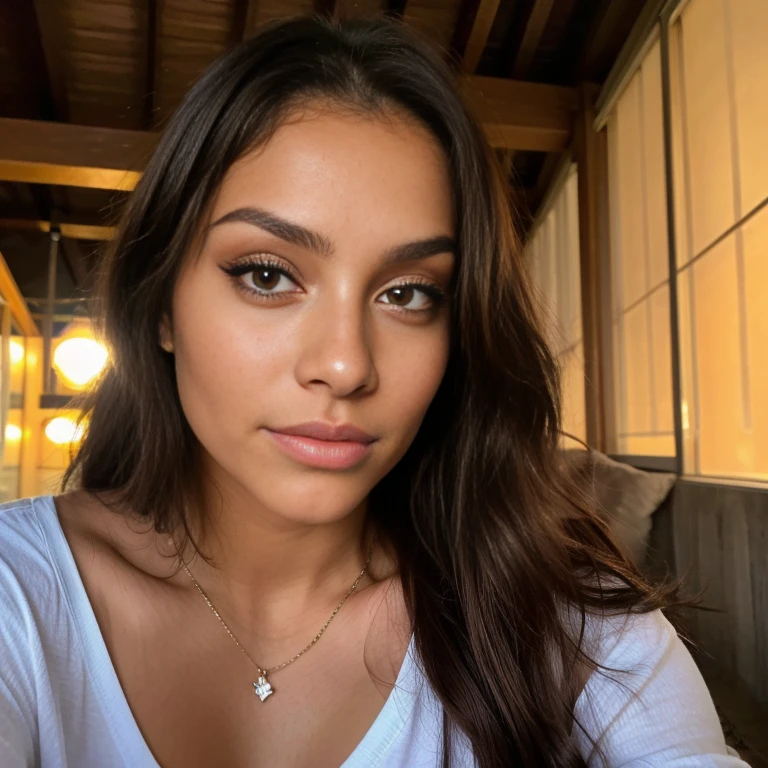 Hermosa morena con reflejos rubios, (22 years, rostro inocente, cabello ondulado natural, ojos azules), foto cruda 70mm (Retrato de cabeza y hombros), en la noche, mujer hermosa deseable, sujetador con transparencias deja entrever sus bonitos pechos naturales, Sharp focus, adentro, piel detallada, poros, arrugas, mirada seductora, mirada sexy provocativa, cuarto oscuro con una luz tenue, ambiente oscuro, ademas es modelo de only fans((cuerpo completo, tiro de cuerpo completo)), ((Todo el cuerpo)