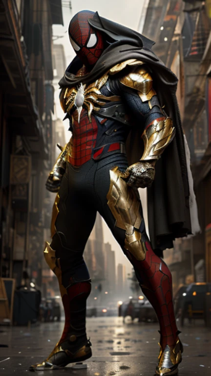Full body shot of Spider-Man in white and gold armor style costume, no mask, white cape, looking at center camera, perfect composition, beautiful detailed intricately detailed octane render trending on artstation, fine art photography 8K, photorealistic concept art, soft natural volumetric cinematic perfect light, chiaroscuro, award winning photography, masterpiece, oil on canvas, Raphael, Caravaggio, Greg Ruttowski, Beeple, Beksinski, Giger, Trending on ArtStation, Sharp Focus, Studio Photo, Intricate details, highly detailed, city night background by Greg Rutkowski