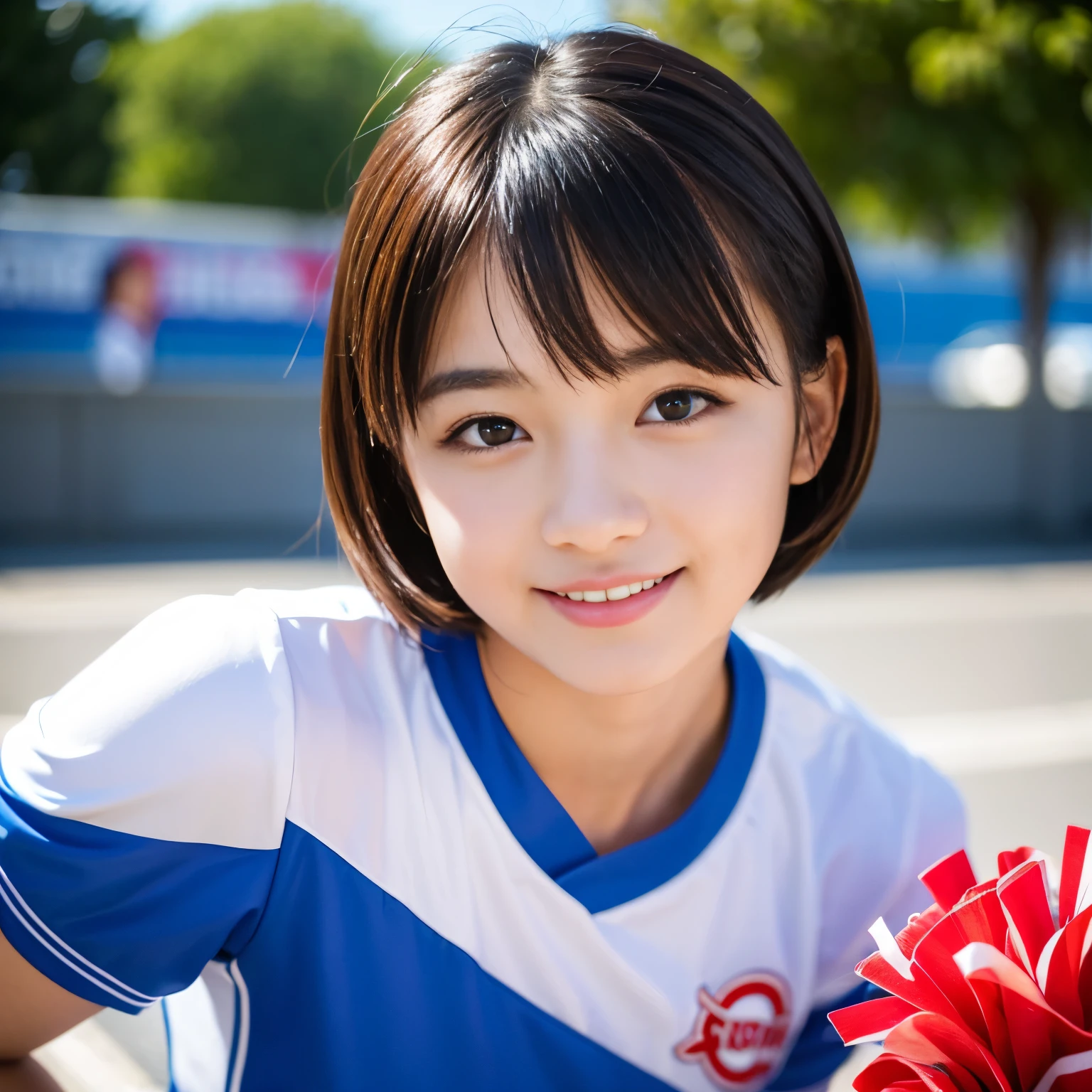 Best-quality, Masterpiece, Ultra-High-Resolution, (Photorealistic:1.4), Raw-Photo, 1girl, -yeld, thost famous Japanese idol, portrait, face-focus, looking at viewer, innocent-smile, wearing cheerleading-costume with cute-design, extremely cute face like the most popular Japanese-idol, ((extremely beautiful big-solid-circle-eyes)), extremely beautiful black-short-cut-haired, extremely beautiful skins, extremely beautiful long-eyelashes, extremely beautiful lips, detailed cheerleading-costume