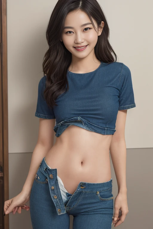 1 woman, idol, close-up,photo, film, depth of field, model, looking at viewer,realistic,full body,(((low rise pants))),(((no panties))),(((visible lower abdomens))),(((NSFW))),long T shirt,standing,(((sagging))),smile,(((cute face))),(((opened pants hook))),full body,(((smile))),(((show off lower abdomens))),(((pull down pants to show off lower abdomens))),(((bare groin))),(((visible groin))),(((low rise denim pants))),(((bare pelvis))),