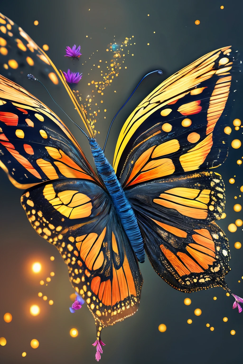 A full body image of a butterfly, uncropped, with hyperdetailed eyes that shimmer and glint, its intricately designed tee-shirt showcasing a line art masterpiece of flora and fauna. The background is a black canvas, ultra-detailed and artistic, with a splash of water and color, merging fire and ice elements in a splatter of black ink, creating a dreamy and glowing effect. The butterfly's wings glimmer, accentuating each brush stroke, smooth and ultra-high definition in 8k, rendered using Unreal Engine 5 with ultra-sharp focus, intricately detailed artwork that follows the golden ratio and evokes an