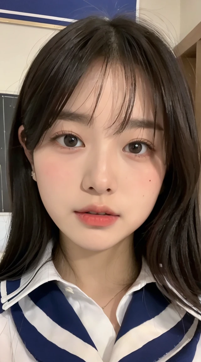 (top quality, 8k, masterpiece: 1.3)), focus: 1.2, perfect body beautiful: 1.8, yes: 1.2, ((layered hairstyle, )), Japan High School Girl, Sailor Suit Worn by Japan High School Students, Jie Kang, (School, classroom), Highly detailed facial and skin textures, big eyes, civet cat face, double eyelids, skin whitening, Shoot clips