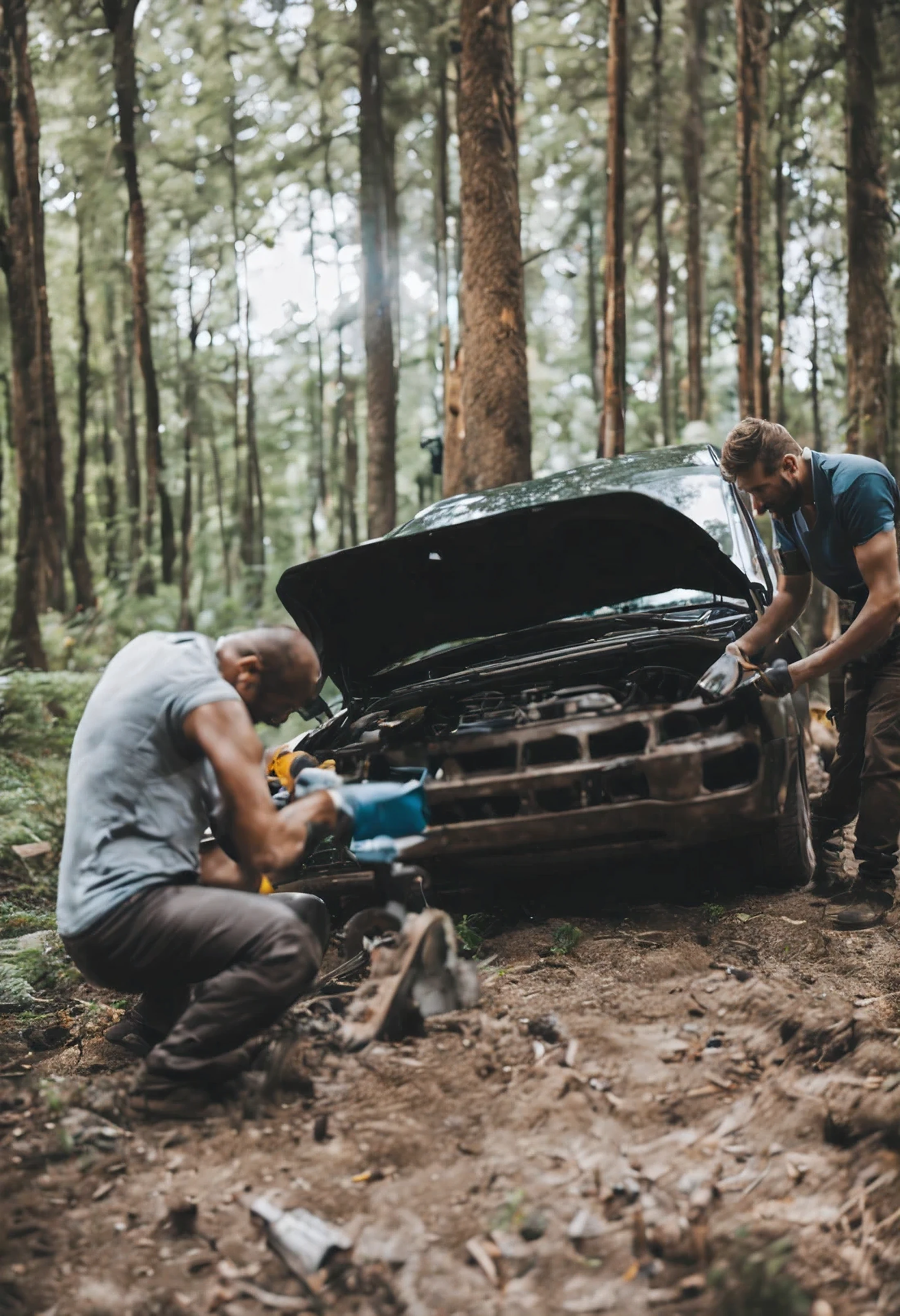 Men repair car in the forest