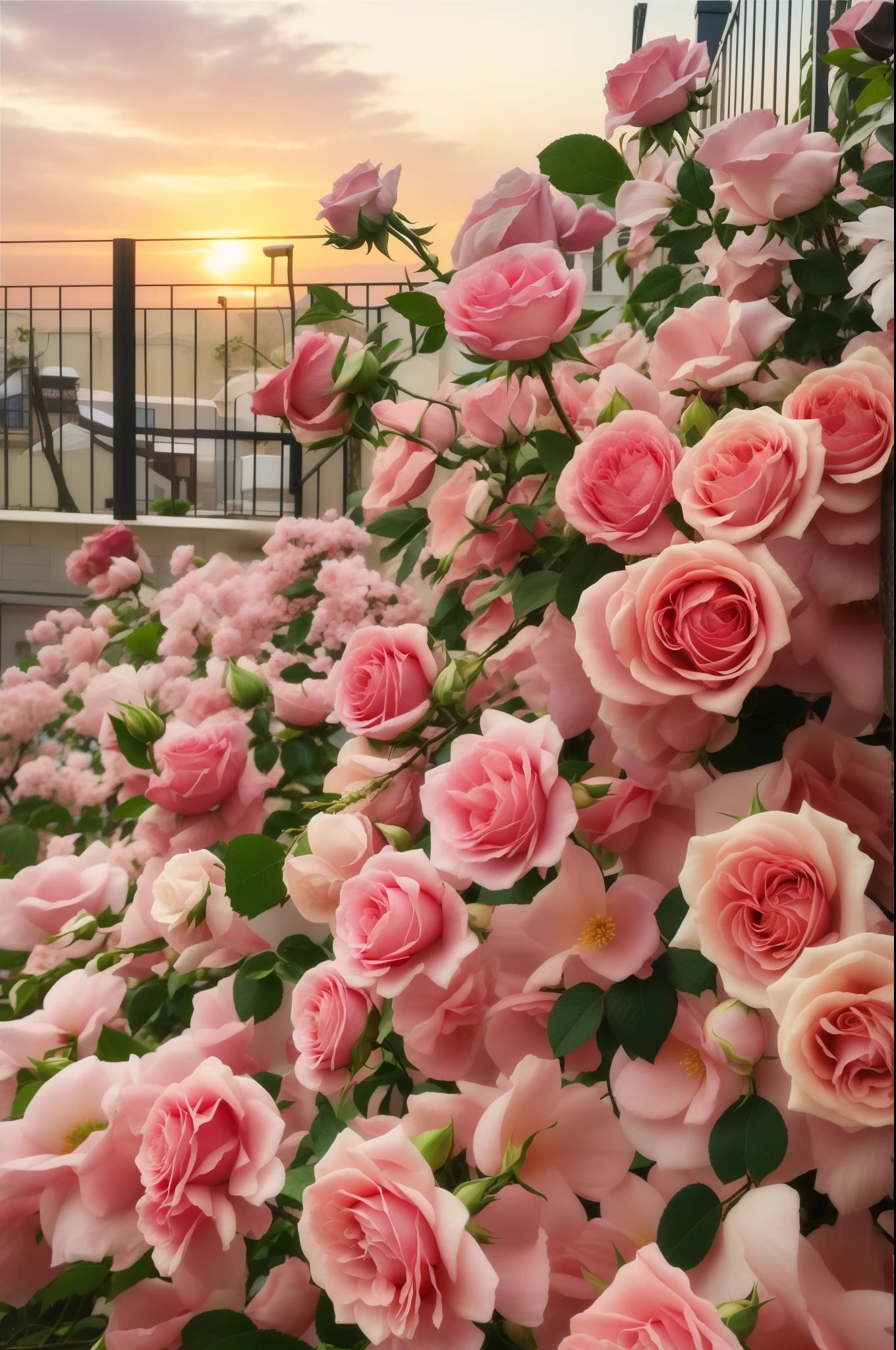 (best quality,4k,8k,highres,masterpiece:1.2),ultra-detailed,(realistic,photorealistic,photo-realistic:1.37),pink roses growing on a fence,film lighting on the roses,beautiful and aesthetically pleasing,soft shrubs,beautiful aesthetics,rose garden,pink golden hour,rose blossoms,soft pink color,beautiful,blooming beautiful flowers,floral sunset,beautiful morning,pink blossoms,light pink tone,beautiful flowers