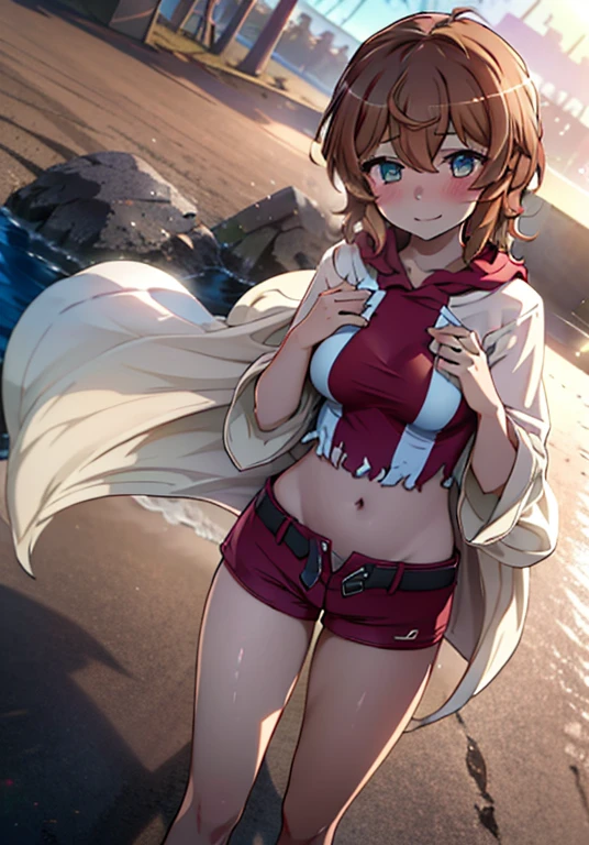 Lirilka_Burn, 1 girl, alone, looking at the viewer, blush, smile, short hair, brown hair, gloves, brown eyes, While strolling along the sandy sands of the beach、swimsuit,shorts,barefoot, With eyes reflecting the shade of the setting sun、brown hair fluttering in the breeze, It reflected the serenity that filled her heart and the longing for liberation,(masterpiece:1.2), highest quality, High resolution, unity 8k wallpaper, (figure:0.8), (beautiful and fine eyes:1.6), highly detailed face, perfect lighting, Very detailed CG, (perfect hands, perfect anatomy),