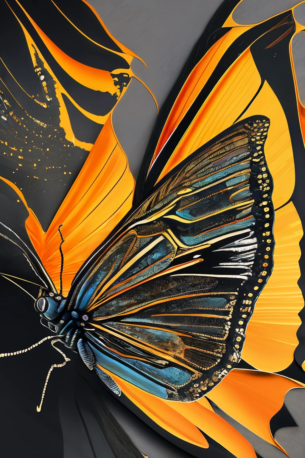 A full body image of a butterfly, uncropped, with hyperdetailed eyes that shimmer and glint, its intricately designed tee-shirt showcasing a line art masterpiece of flora and fauna. The background is a black canvas, ultra-detailed and artistic, with a splash of water and color, merging fire and ice elements in a splatter of black ink, creating a dreamy and glowing effect. The butterfly's wings glimmer, accentuating each brush stroke, smooth and ultra-high definition in 8k, rendered using Unreal Engine 5 with ultra-sharp focus, intricately detailed artwork that follows the golden ratio and evokes an