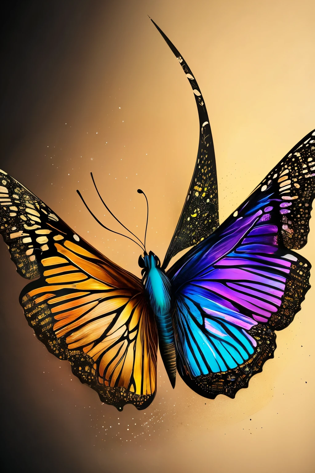 A full body image of a butterfly, uncropped, with hyperdetailed eyes that shimmer and glint, its intricately designed tee-shirt showcasing a line art masterpiece of flora and fauna. The background is a black canvas, ultra-detailed and artistic, with a splash of water and color, merging fire and ice elements in a splatter of black ink, creating a dreamy and glowing effect. The butterfly's wings glimmer, accentuating each brush stroke, smooth and ultra-high definition in 8k, rendered using Unreal Engine 5 with ultra-sharp focus, intricately detailed artwork that follows the golden ratio and evokes an