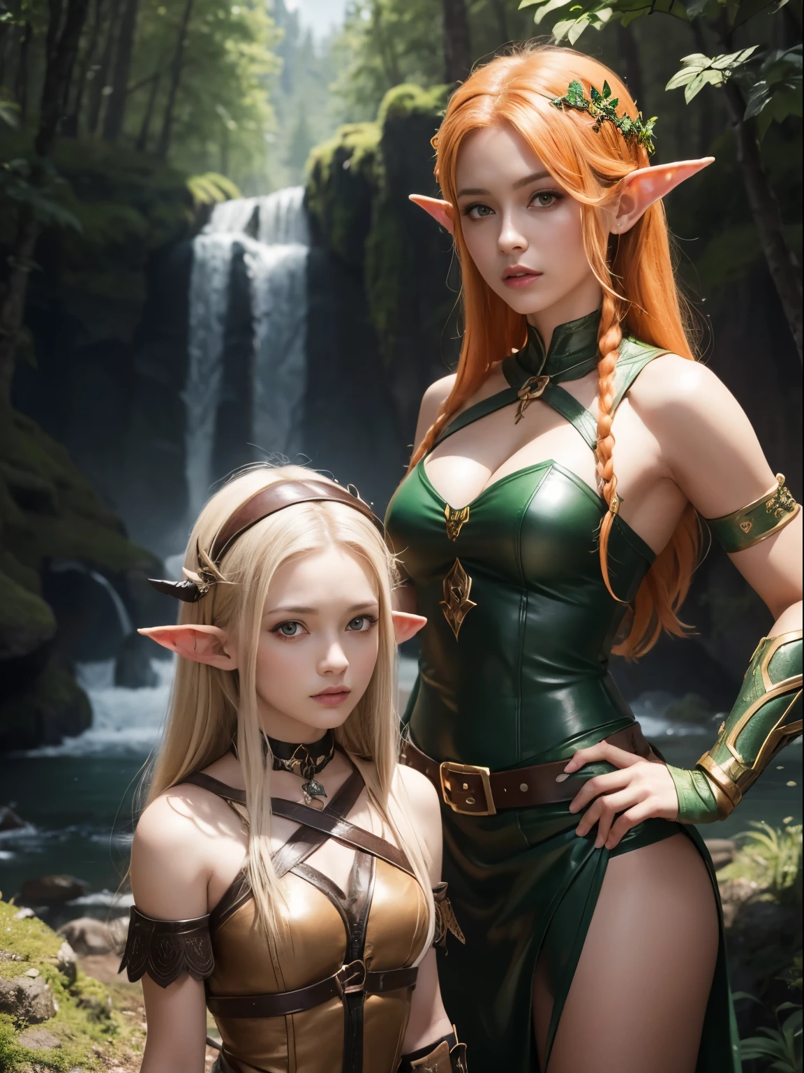 (masterpiece), best quality, expressive eyes, perfect face, two adventurer girls, ( 1 girl, elf ears, blond hair, green eyes, green dress, jewelry, magic user), ( 2 girl, elf ears, orange hair, brown eyes, leather armor, fighter) , magical forest background