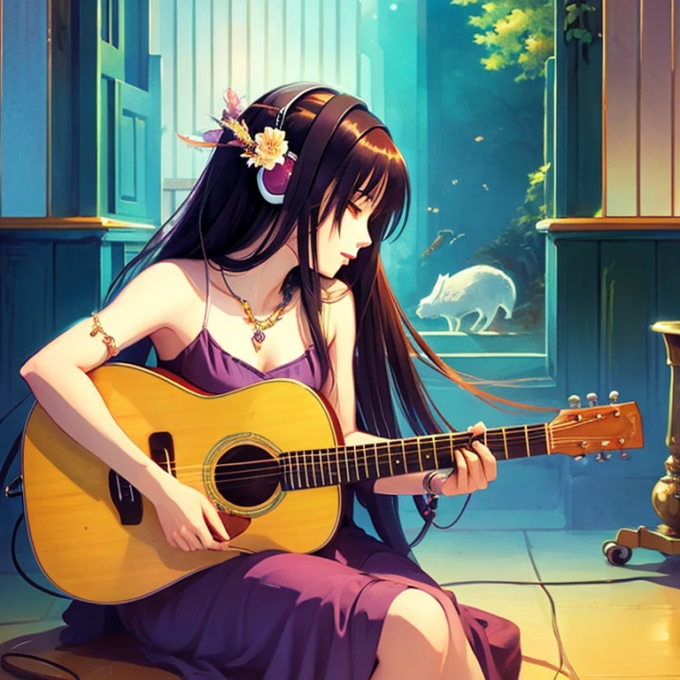 anime illustration,creation、The goddess of music is playing the acoustic guitar、strong and gentle atmosphere、Somehow sad atmosphere