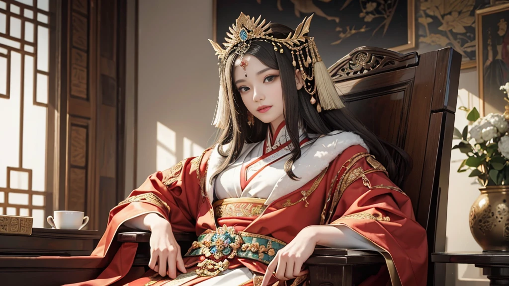 (8K, RAW photo, highest quality, masterpiece: 1.2), (realistic, realistic: 1.37), 1 girl, ancient China、In a room in the imperial court at the end of the Later Han Dynasty、The empress is sitting in a luxurious chair。The empress is華やかな服装で神々It has a nice aura of atmosphere.。The empress is綺麗な顔立ちで、She is wearing the fashionable hair ornaments of the time.。The empress is、He is smiling and facing forward.。