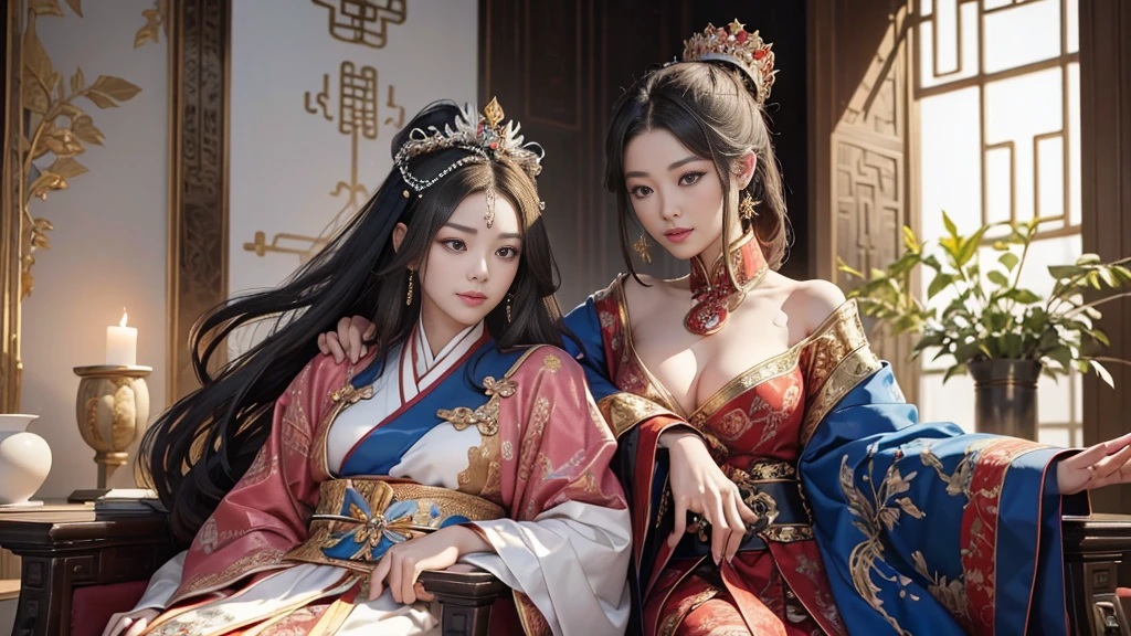 (8K, RAW photo, highest quality, masterpiece: 1.2), (realistic, realistic: 1.37), 1 girl, ancient China、In a room in the imperial court at the end of the Later Han Dynasty、The empress is sitting in a luxurious chair。The empress is華やかな服装で神々It has a nice aura of atmosphere.。The empress is綺麗な顔立ちで、She is wearing the fashionable hair ornaments of the time.。The empress is、He is smiling and facing forward.。