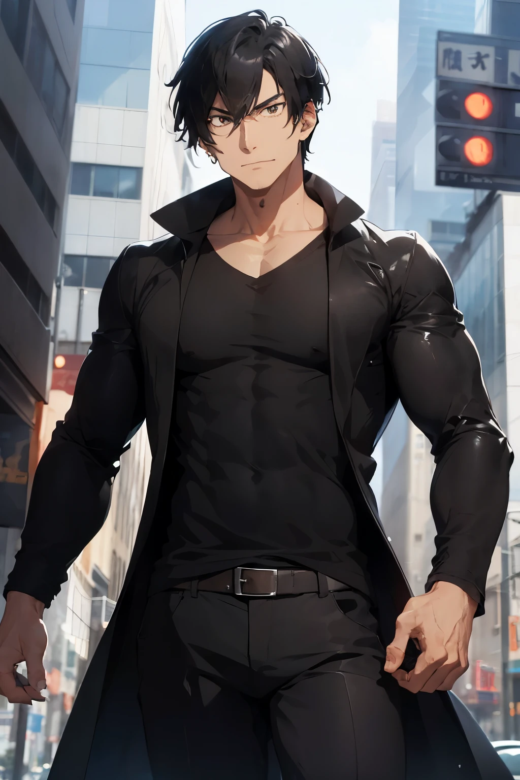 A tall and lean-built man. Black hair. Auburn eyes... Very sharp... Wearing a black V-neck shirt with long sleeves and black pants and shoes. He wears a black coat, with thick brown fur trimming around the hood, cuffs, and hem. He wears a silver ring on both index fingers. Anime style
