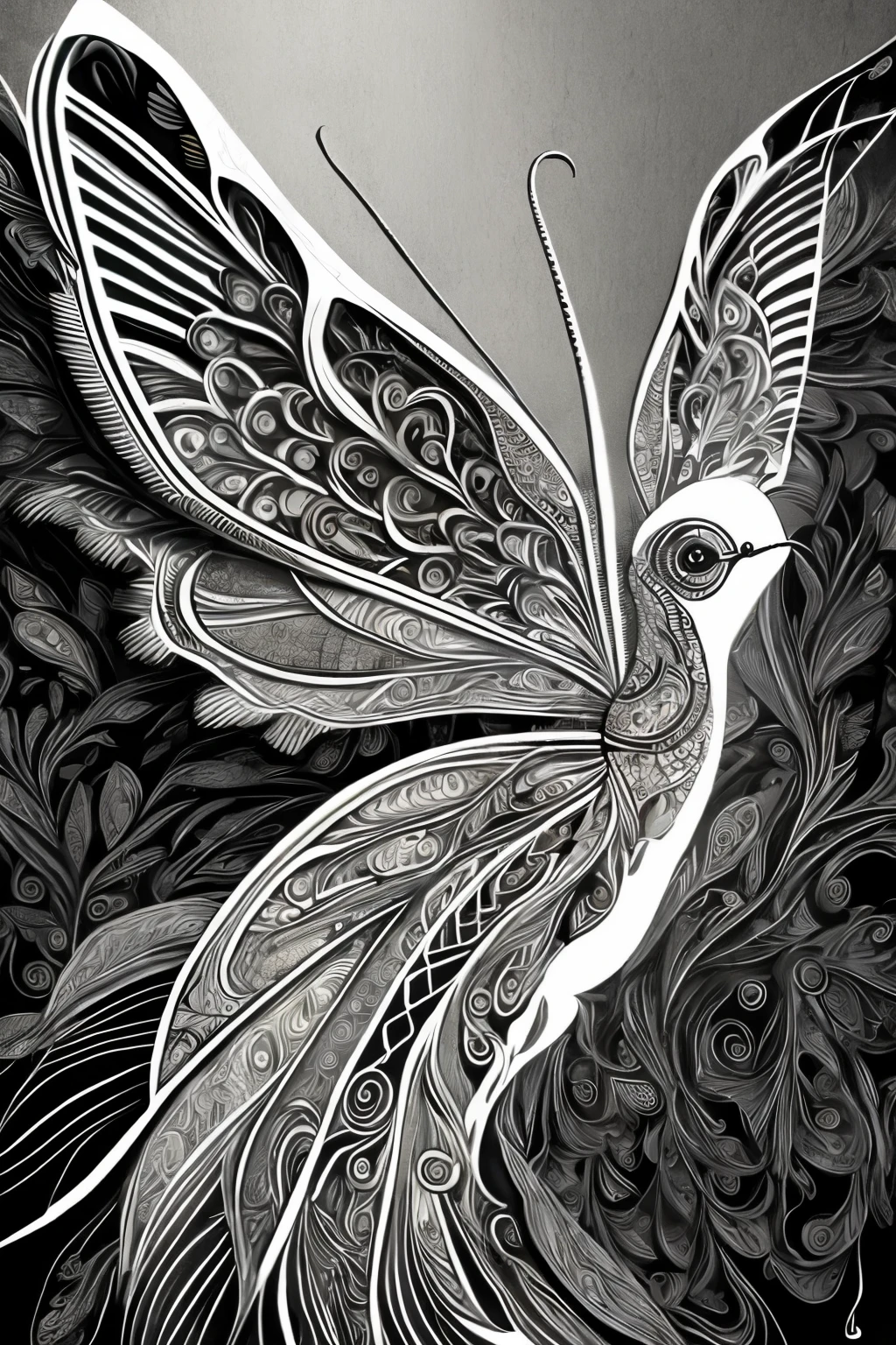 In a surreal world, a full-body butterfly emerges from its cocoon, wings unfurling in an uncropped image,showcasing every intricacy in hyper-realistic detail. The elegant creature's eyes radiate with an unnatural glow, an unmistakable allure, and an air of mystery.

A Tee-Shirt Design brings this image to life as line art, inked on a black background to create a striking contrast. The ultra-detailed, artistic illustration captures the essence of this dreamlike creature's captivating features.

The breathtakingly detailed, gorgeous face shines through the intricate skin textures, illum