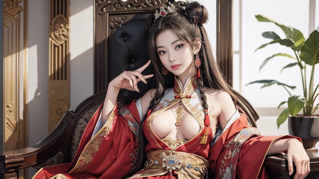 (8K, RAW photo, highest quality, masterpiece: 1.2), (realistic, realistic: 1.37), 1 girl, ancient China、In a room in the imperial court at the end of the Later Han Dynasty、The empress is sitting in a luxurious chair。The empress is華やかな服装で神々It has a nice aura of atmosphere.。The empress is綺麗な顔立ちで、She is wearing the fashionable hair ornaments of the time.。The empress is、He is smiling and facing forward.。