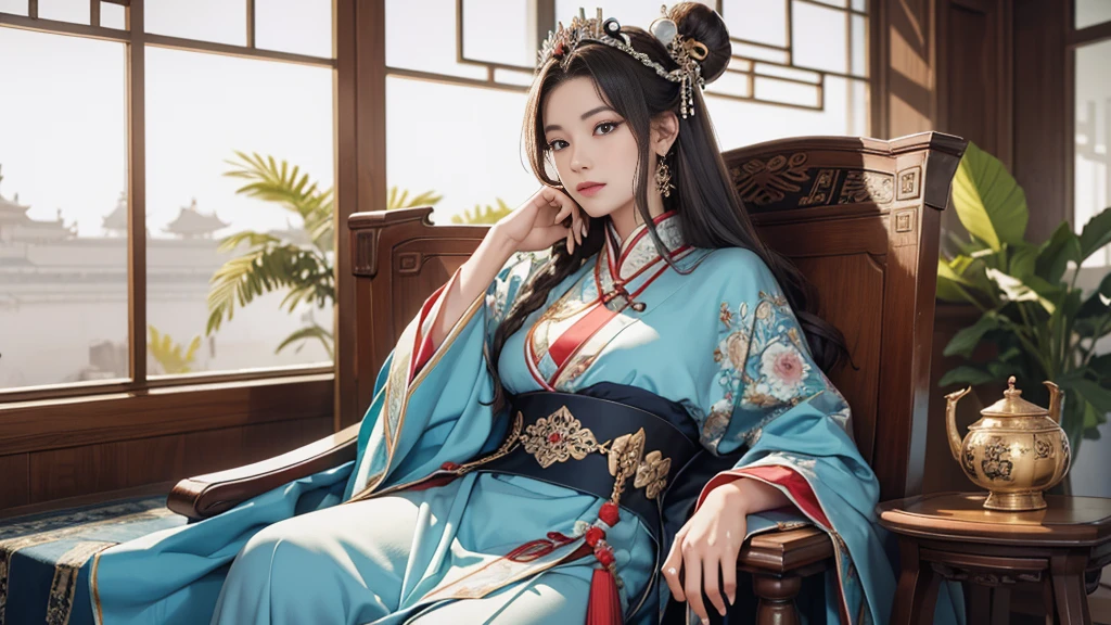 (8K, RAW photo, highest quality, masterpiece: 1.2), (realistic, realistic: 1.37), 1 girl, ancient China、In a room in the imperial court at the end of the Later Han Dynasty、The empress is sitting in a luxurious chair。The empress is華やかな服装で神々It has a nice aura of atmosphere.。The empress is綺麗な顔立ちで、She is wearing the fashionable hair ornaments of the time.。The empress is、He is smiling and facing forward.。