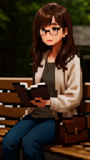 Woman, around thirty, wavy chestnut brown hair, soft complexion, thoughtful expression, glasses perched on her nose, casual outfit with a cardigan sweater and jeans, sitting on a bench, legs crossed, clutching a book, waits patiently with a faint smile, staring intently at the distant train tracks, lost in her own thoughts, realism, high-definition.