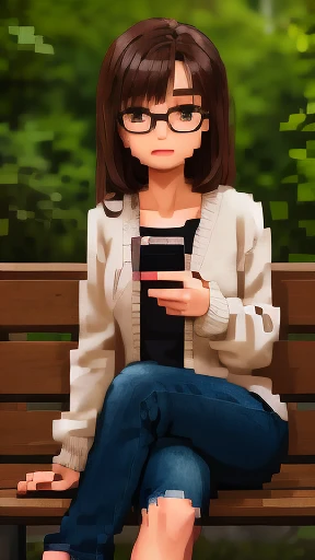 Woman, around thirty, wavy chestnut brown hair, soft complexion, thoughtful expression, glasses perched on her nose, casual outfit with a cardigan sweater and jeans, sitting on a bench, legs crossed, clutching a book, waits patiently with a faint smile, staring intently at the distant train tracks, lost in her own thoughts, realism, high-definition.